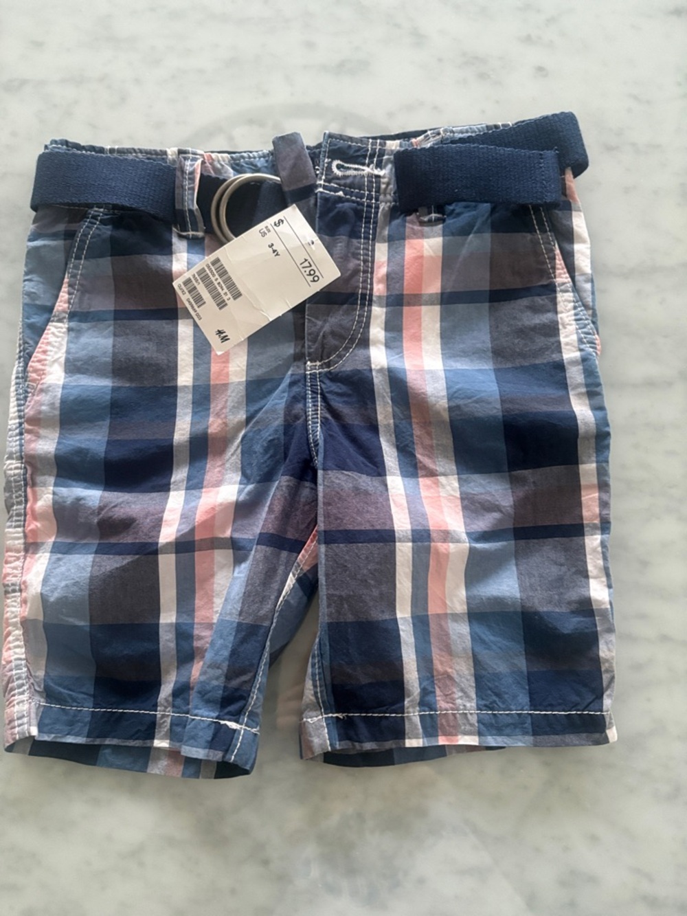 H&M Navy, Light Blue & Pink Plaid Boys Shorts with Belt